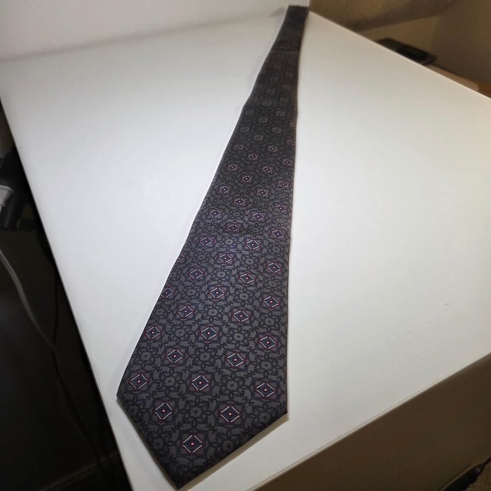 Christian Dior Mens Silk Tie Grey Burgundy Blue Geometric Medallion Italy Fabric - Picture 4 of 6